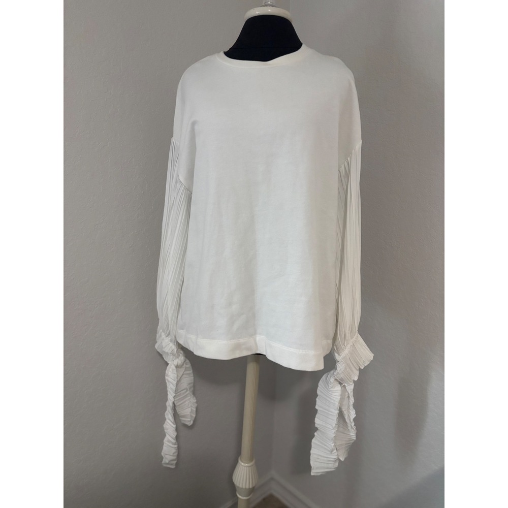 Zara White Pleated Sleeve Sweatshirt Ruffle Cuff Tie Top Size Medium